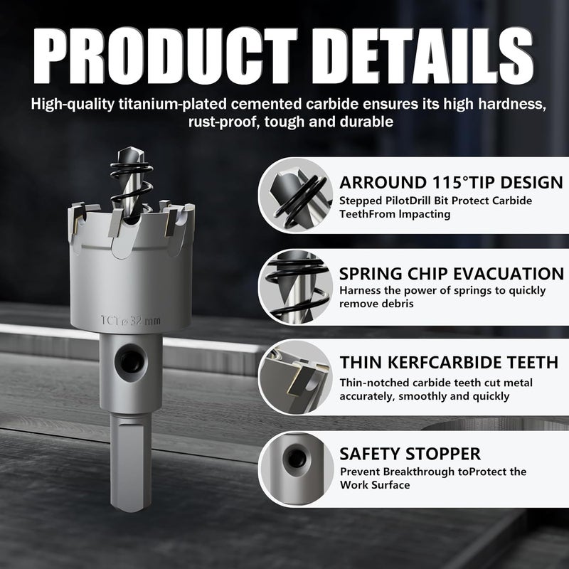 GSTK 10PCS Upgrade Heavy Duty Carbide Hole Saw Kit,with 4*Extra Titanium Plated Pilot Center Drill and 2* Spring，for Hard Metal, Stainless Steel, Iron - Image 4